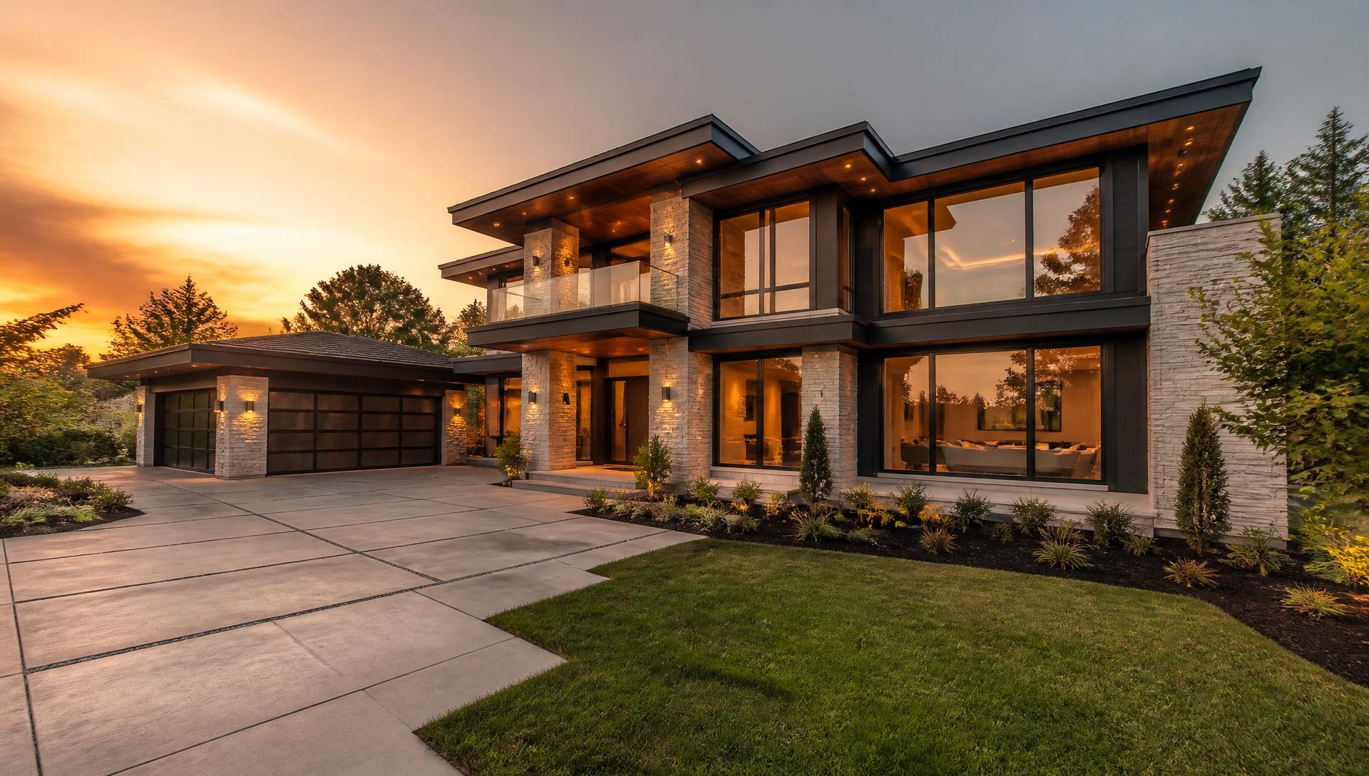 Luxury modern home at sunset